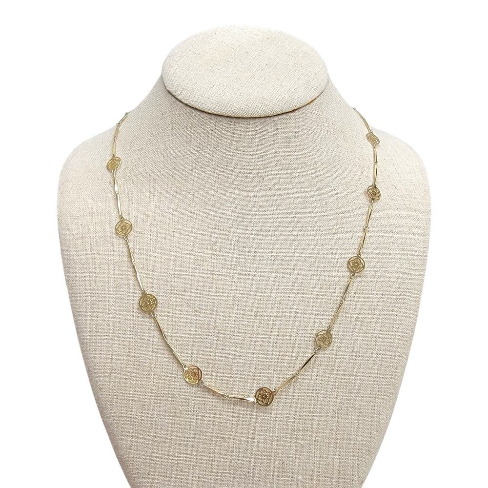 Vintage Avon Gold Tone Cutout Floral Medallion Station Bar Link Chain Necklace
